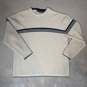 Point Zero Mens XL Vintage Waffle Knit Sweater Cream Navy Blue Striped Retro 90s